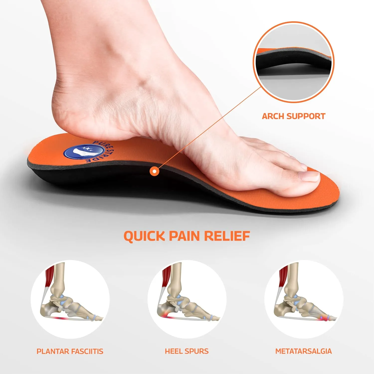 Pure Stride Bold Professional Full Length Orthotics - Shoe Support for Metatarsals, High Arch, Flat Feet - Pain Relief for Plantar Fasciitis, Arch, Heel - 1 Pair, Men's 14-15, Bold Orange
