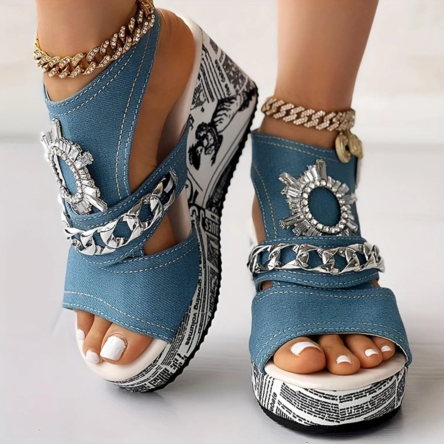 Roorsily Breathable Summer Sandals for Women Fish Mouth Sandals Comfortable Versatile Rhinestone Thick Bottom Sandals