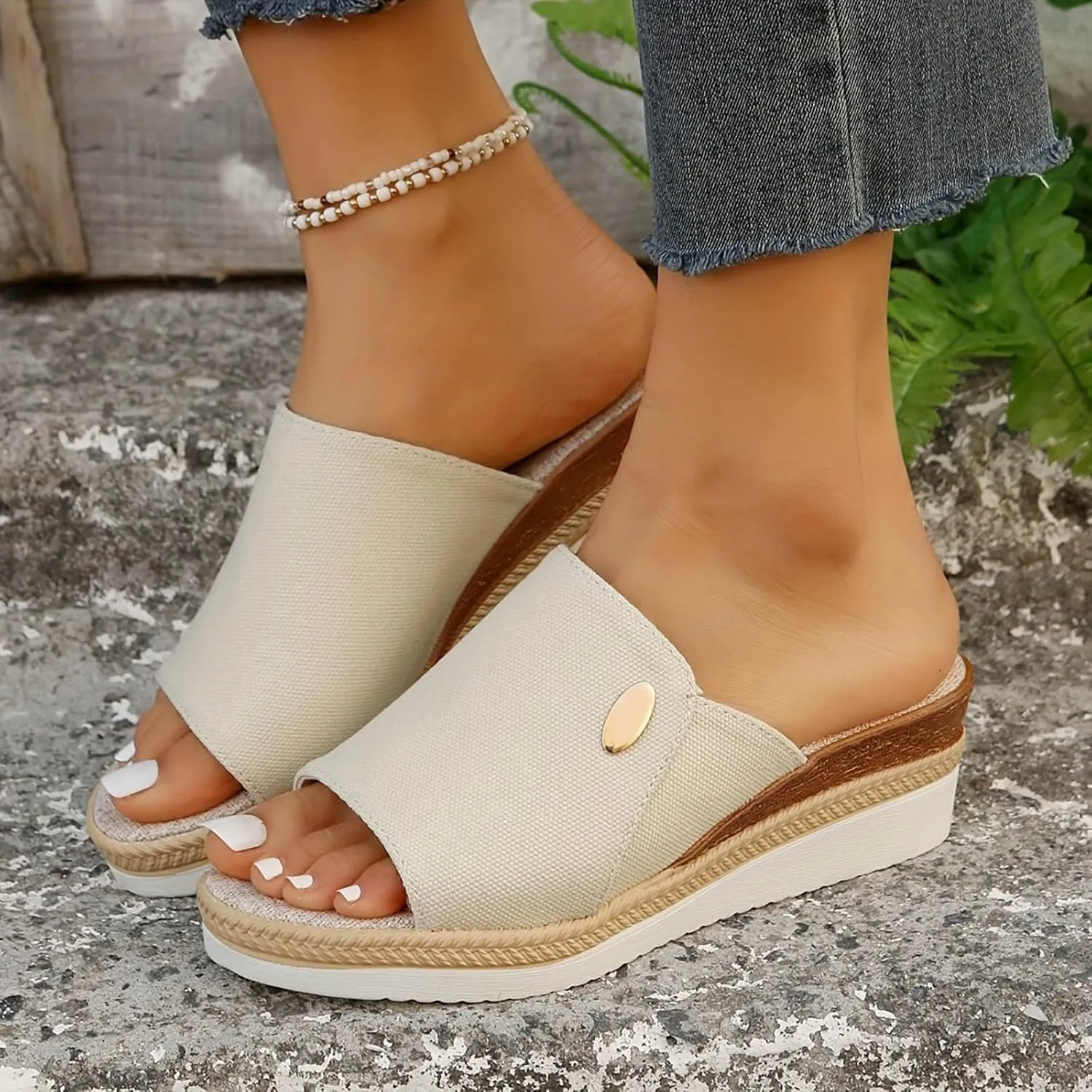 Roorsily Women's Breathable Sandals Heel Thick Sole Wedge Sandals Beach Non Slip Wedge Sandals Denim Wedge Sandals
