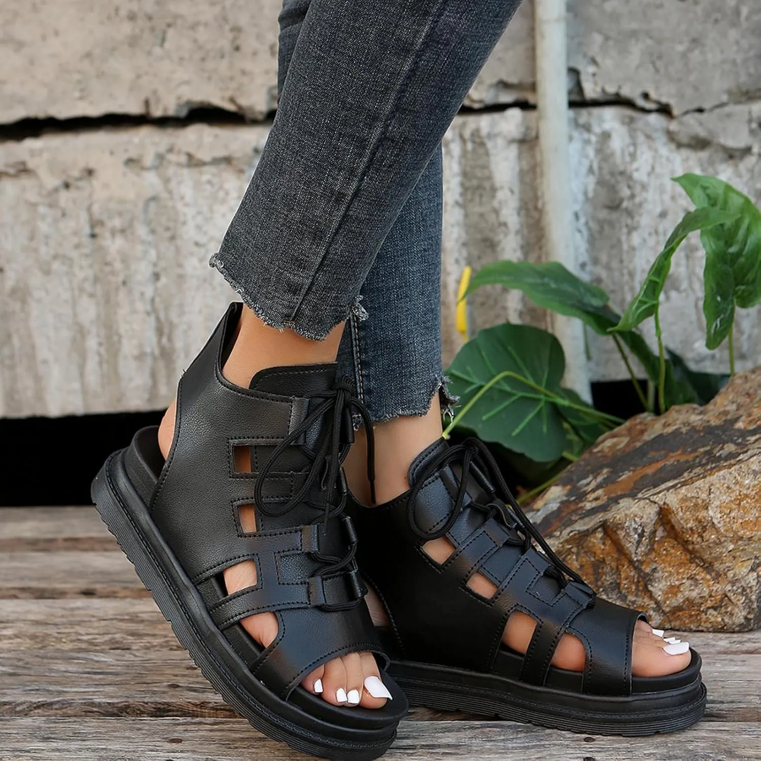SACFOF Sandals for Women Dressy Summer Lace Up Platform Wedges Espadrilles Peep Toe Sandals Dressy Ankle Strap Gladiator Sandals