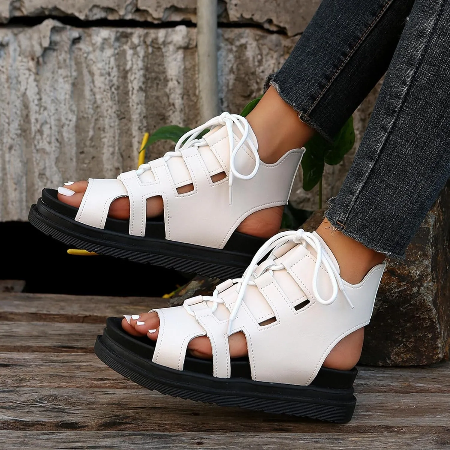 SACFOF Sandals for Women Dressy Summer Lace Up Platform Wedges Espadrilles Peep Toe Sandals Dressy Ankle Strap Gladiator Sandals