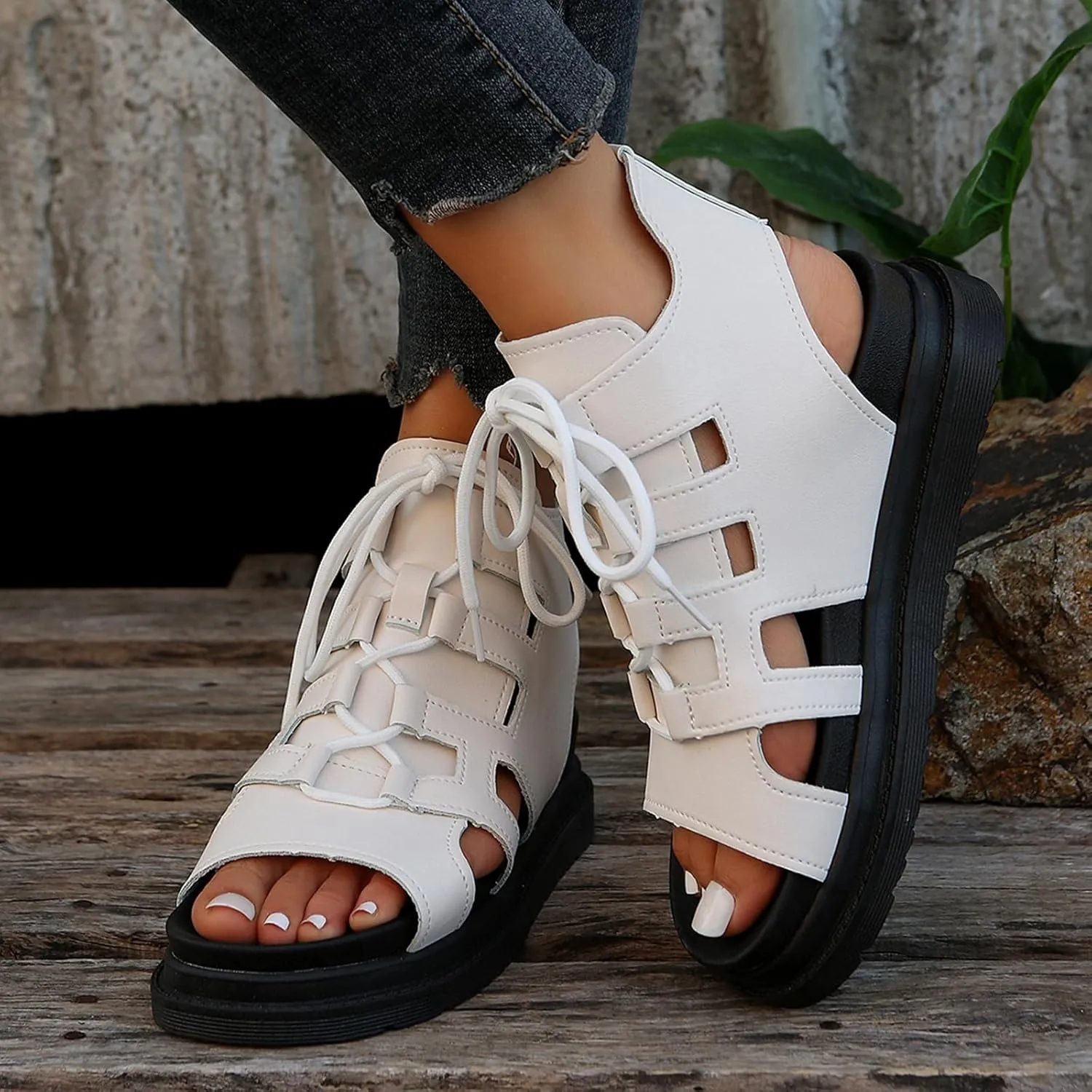 SACFOF Sandals for Women Dressy Summer Lace Up Platform Wedges Espadrilles Peep Toe Sandals Dressy Ankle Strap Gladiator Sandals