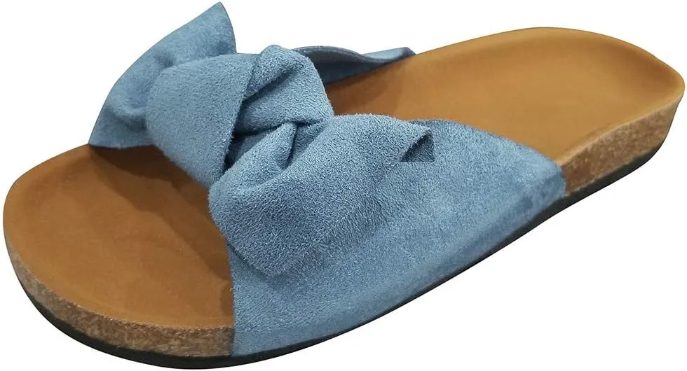 Sandals for Women Flat,Slide Sandals for Women Cork Sole Canvas Cute Knot Bow Womens Slides Sandals for Women