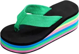 Sandals For Womens Colorful Rainbow Thong Sandals Lightweight Foam Thick Soles Wedge Heels Platform Home Flip Flops