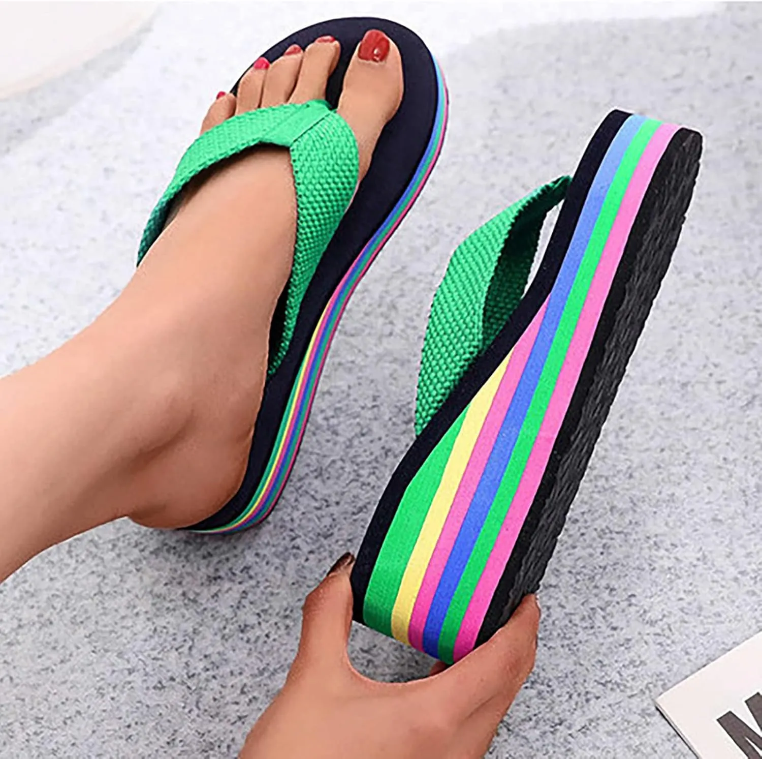 Sandals For Womens Colorful Rainbow Thong Sandals Lightweight Foam Thick Soles Wedge Heels Platform Home Flip Flops