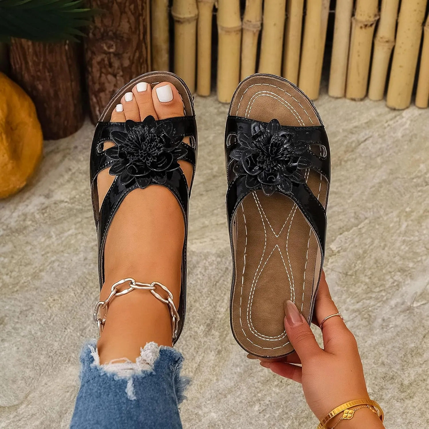 Slippers for Women Summer Orthopedic Platform Sandals Arch Support Sandals Wide Width Leather Wedge Slippers