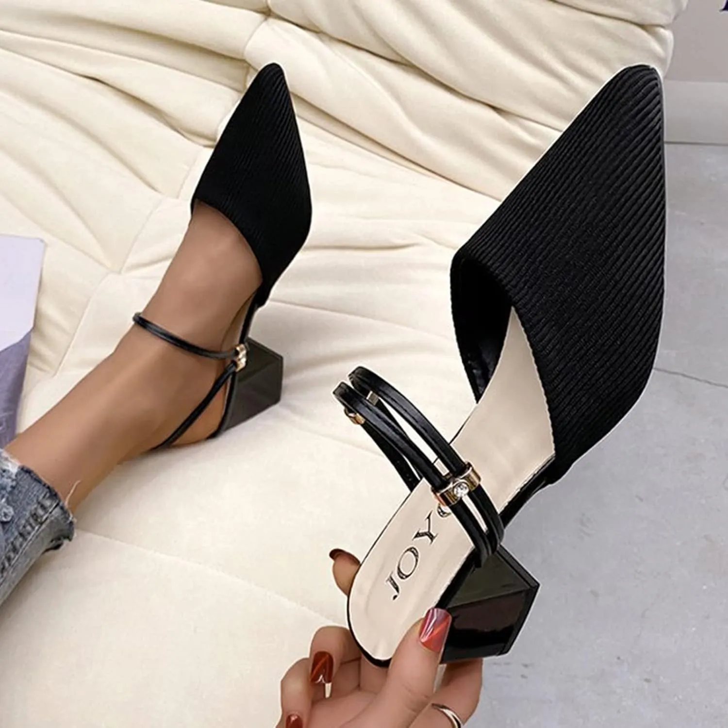 SuanlaTDS Women Dressy Comfortable Shoes Fashion Knitted Breathable Adjustable Strap Block Heel Pump Mules Slip on Pointed Toe Walking Evening Party Dress Shoes Black