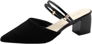 SuanlaTDS Women Dressy Comfortable Shoes Fashion Knitted Breathable Adjustable Strap Block Heel Pump Mules Slip on Pointed Toe Walking Evening Party Dress Shoes Black