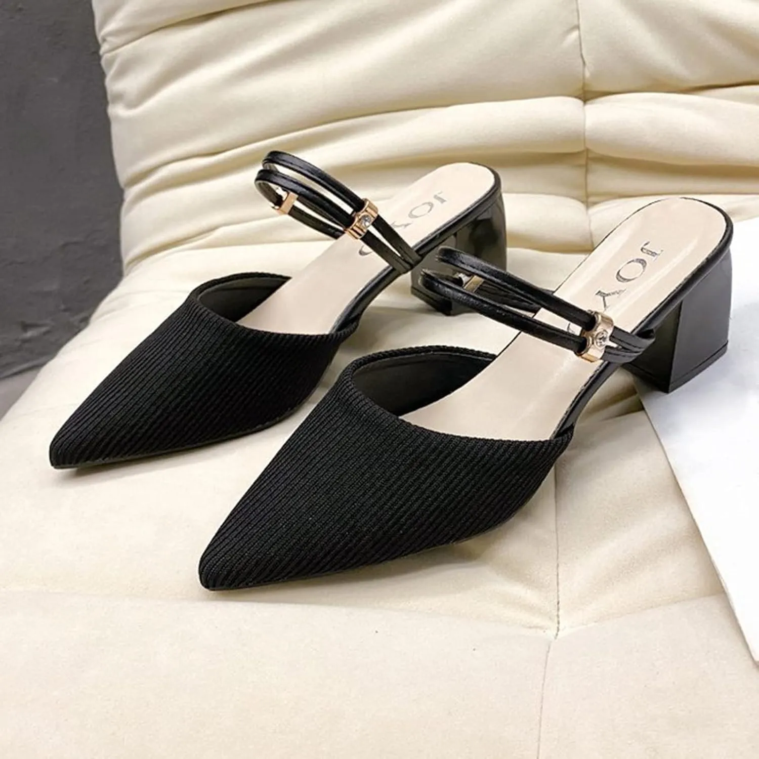 SuanlaTDS Women Dressy Comfortable Shoes Fashion Knitted Breathable Adjustable Strap Block Heel Pump Mules Slip on Pointed Toe Walking Evening Party Dress Shoes Black