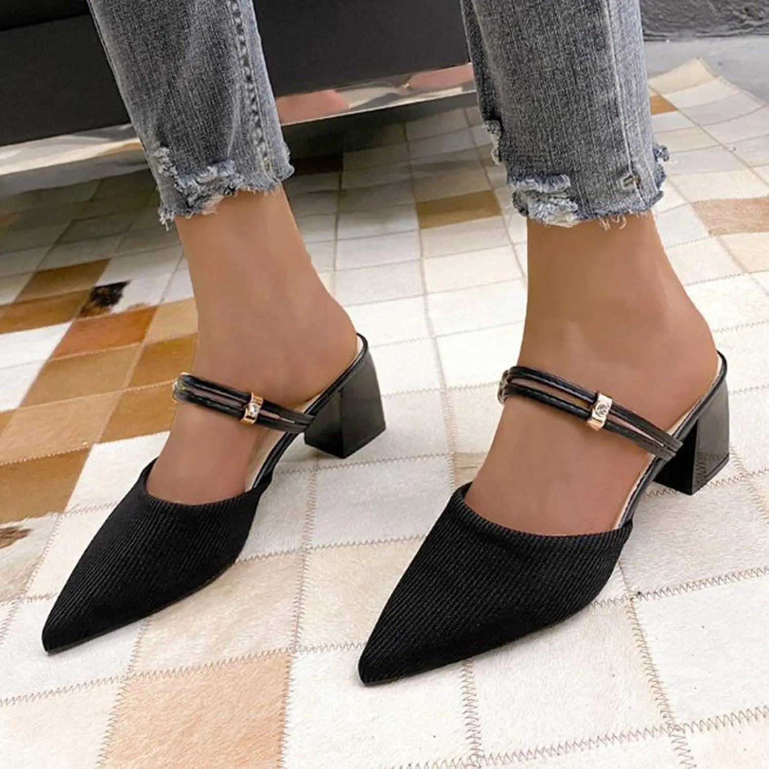 SuanlaTDS Women Dressy Comfortable Shoes Fashion Knitted Breathable Adjustable Strap Block Heel Pump Mules Slip on Pointed Toe Walking Evening Party Dress Shoes Black