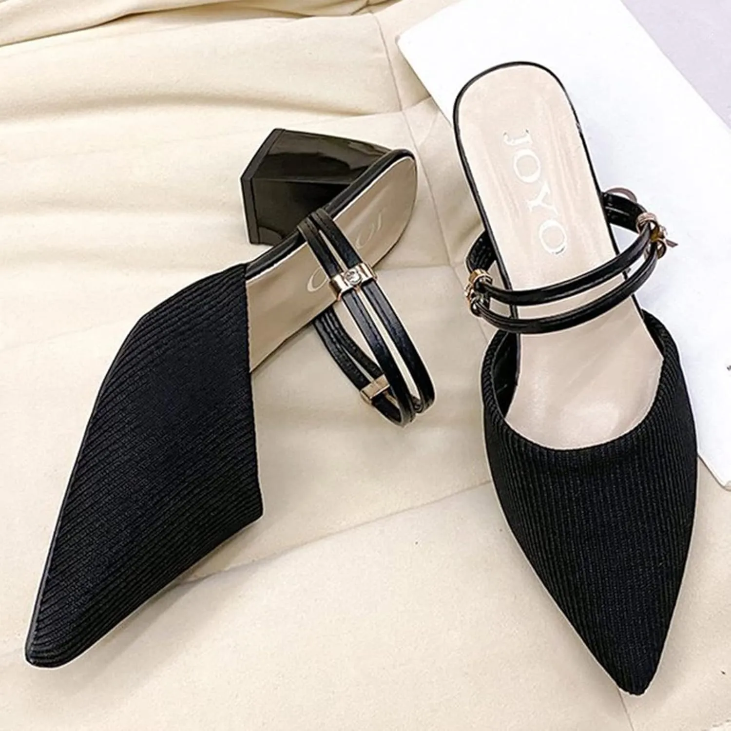 SuanlaTDS Women Dressy Comfortable Shoes Fashion Knitted Breathable Adjustable Strap Block Heel Pump Mules Slip on Pointed Toe Walking Evening Party Dress Shoes Black