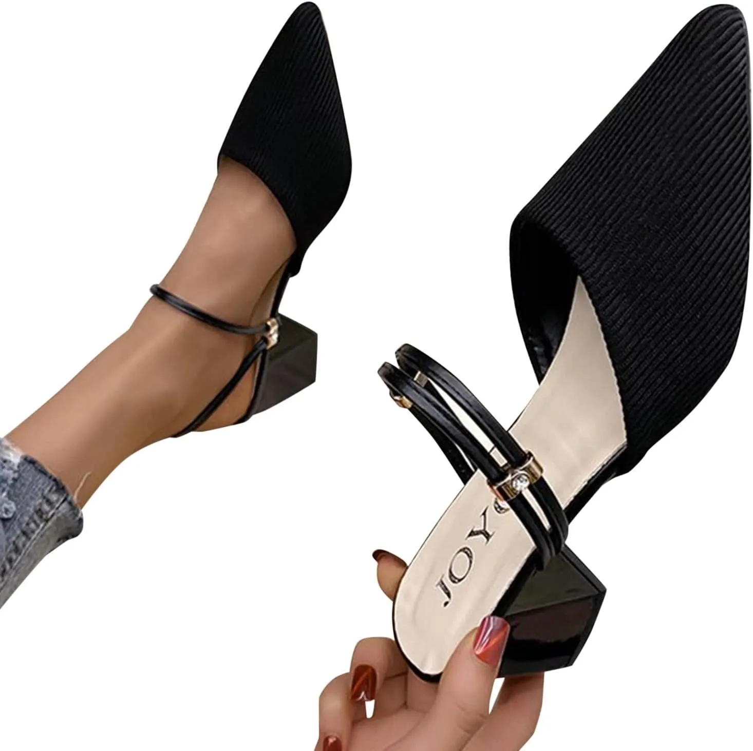 SuanlaTDS Women Dressy Comfortable Shoes Fashion Knitted Breathable Adjustable Strap Block Heel Pump Mules Slip on Pointed Toe Walking Evening Party Dress Shoes Black