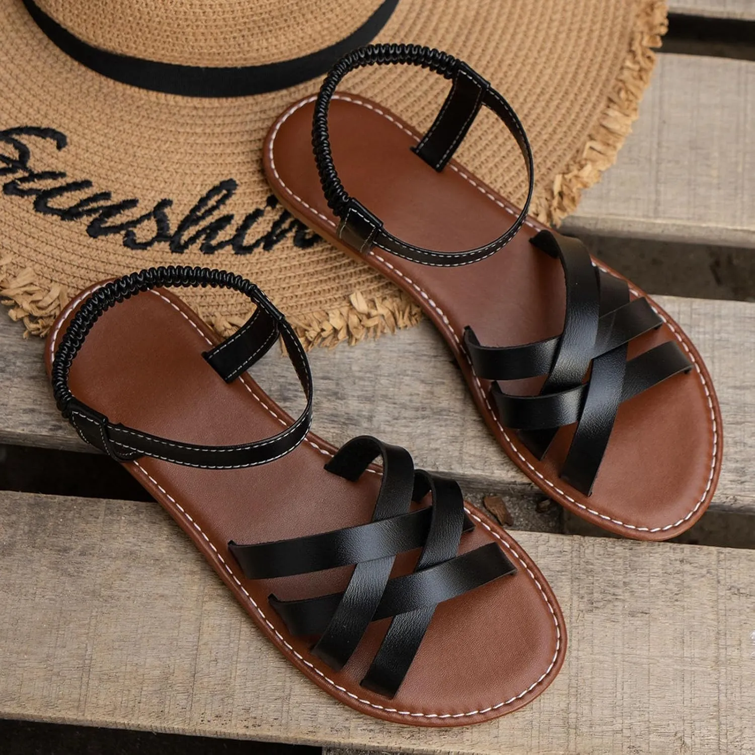 SuanlaTDS Womens Flat Sandals Dressy 2025 Summer Elastic Ankle Strap Slip-on Crisscross Strappy Open Toe Slingback Gladiator Shoes Comfortable Walking Flats Sandal for Party Beach Vacation