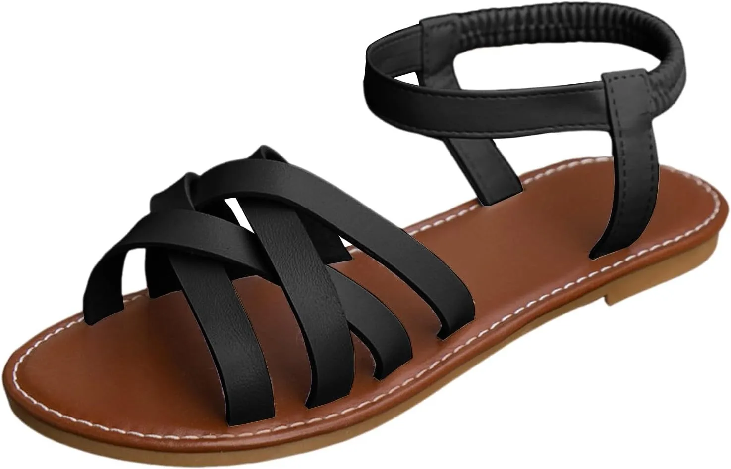 SuanlaTDS Womens Flat Sandals Dressy 2025 Summer Elastic Ankle Strap Slip-on Crisscross Strappy Open Toe Slingback Gladiator Shoes Comfortable Walking Flats Sandal for Party Beach Vacation