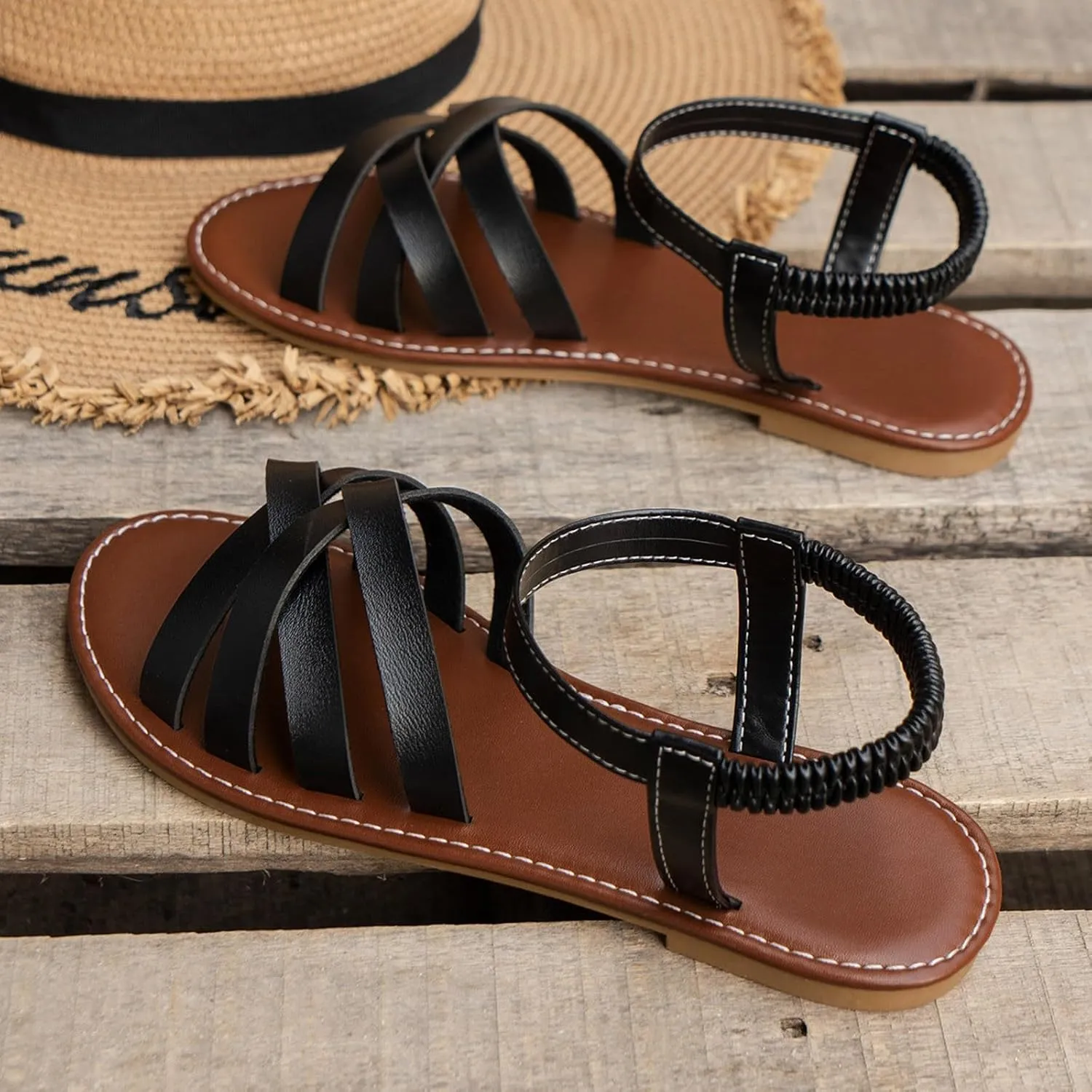 SuanlaTDS Womens Flat Sandals Dressy 2025 Summer Elastic Ankle Strap Slip-on Crisscross Strappy Open Toe Slingback Gladiator Shoes Comfortable Walking Flats Sandal for Party Beach Vacation