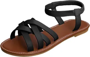 SuanlaTDS Womens Flat Sandals Dressy 2025 Summer Elastic Ankle Strap Slip-on Crisscross Strappy Open Toe Slingback Gladiator Shoes Comfortable Walking Flats Sandal for Party Beach Vacation