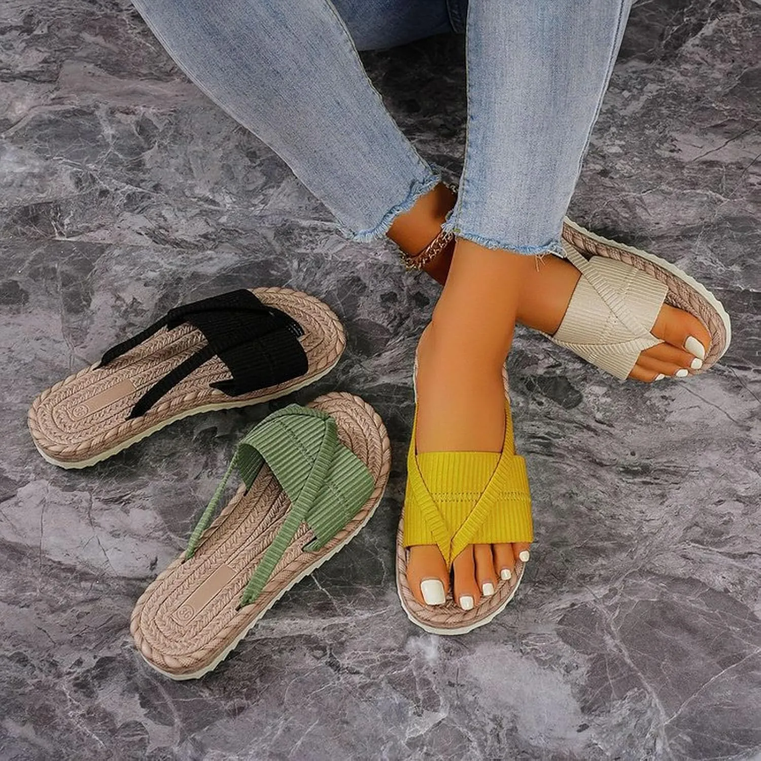 SuanlaTDS Womens Flat Sandals Flip Flops Comfortable 2025 Thong Split Toe Summer Dress Beach Open-toe Slip On Slides Slippers Dressy Walking Bohemian Outdoor Party Low Heels Flats Sandals
