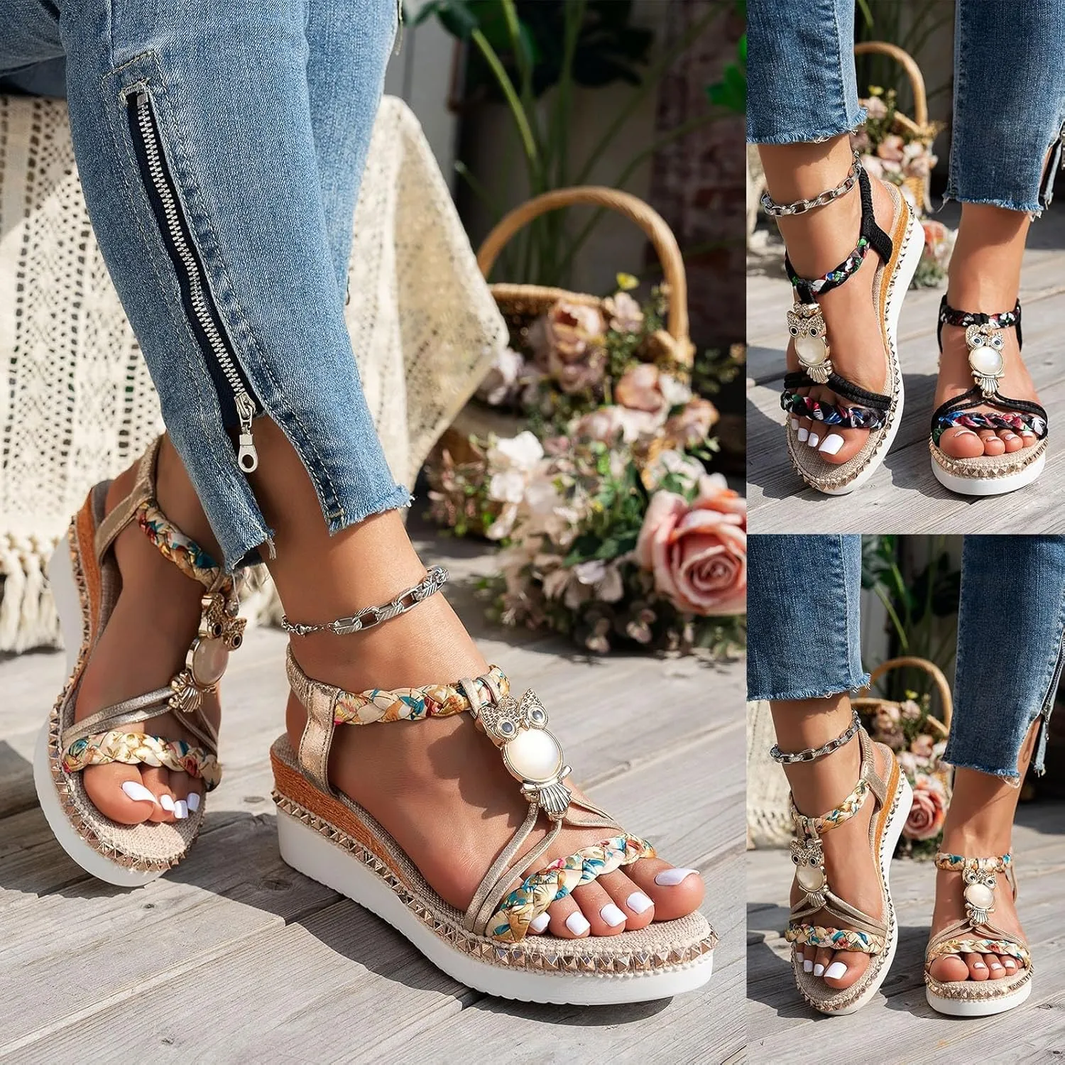 Summer Sandals For Women 2025,Wedge Platform Wedges Heels Women's T-Strap Sandal Comfortable Open Toe Elastic Ankle Strap Wedge Beaded Slip On Dressy Flat Low Heel Womens Bohe Walking Beach Shoes