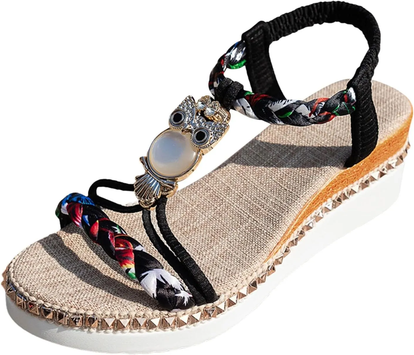 Summer Sandals For Women 2025,Wedge Platform Wedges Heels Women's T-Strap Sandal Comfortable Open Toe Elastic Ankle Strap Wedge Beaded Slip On Dressy Flat Low Heel Womens Bohe Walking Beach Shoes
