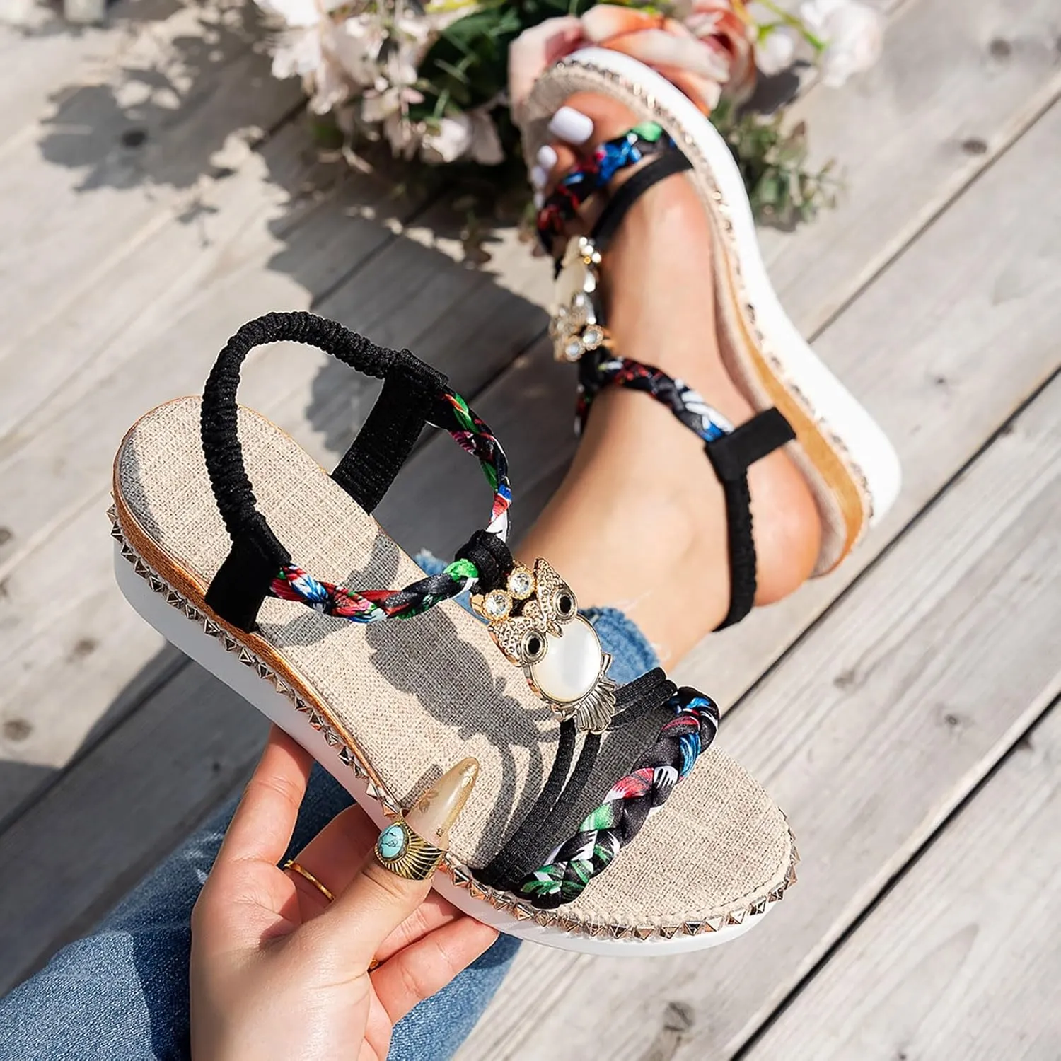 Summer Sandals For Women 2025,Wedge Platform Wedges Heels Women's T-Strap Sandal Comfortable Open Toe Elastic Ankle Strap Wedge Beaded Slip On Dressy Flat Low Heel Womens Bohe Walking Beach Shoes