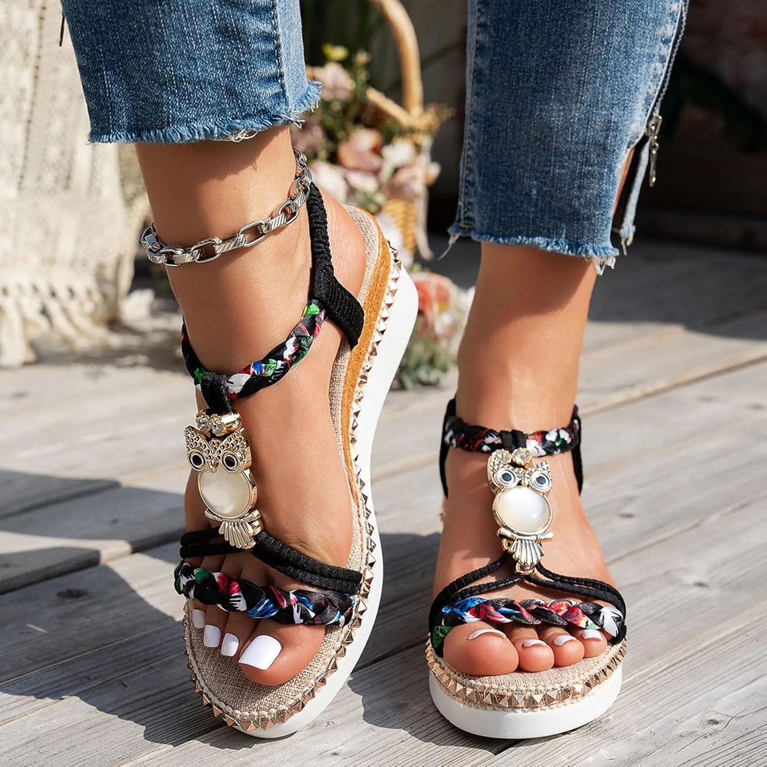 Summer Sandals For Women 2025,Wedge Platform Wedges Heels Women's T-Strap Sandal Comfortable Open Toe Elastic Ankle Strap Wedge Beaded Slip On Dressy Flat Low Heel Womens Bohe Walking Beach Shoes
