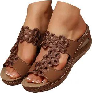 Summer Sandals For Women 2025,Women's Slide Sandals,Orthopedic Womens Arch Support Slides Orthotic Comfortable Casual Hollow Mesh Flowers Straps Slip-On Low Wedge Beach Plantar Fasciitis Bunion Sandal