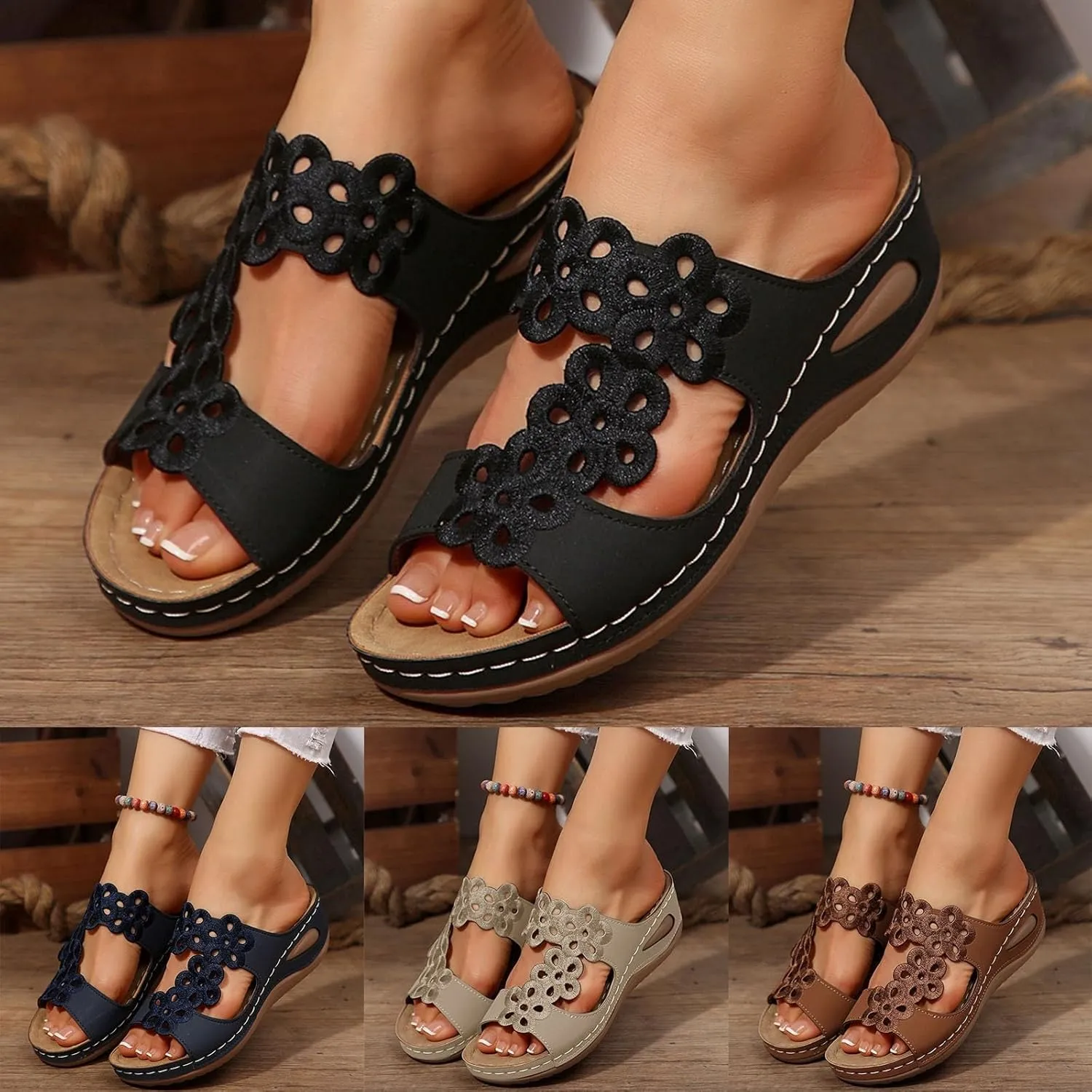 Summer Sandals For Women 2025,Women's Slide Sandals,Orthopedic Womens Arch Support Slides Orthotic Comfortable Casual Hollow Mesh Flowers Straps Slip-On Low Wedge Beach Plantar Fasciitis Bunion Sandal