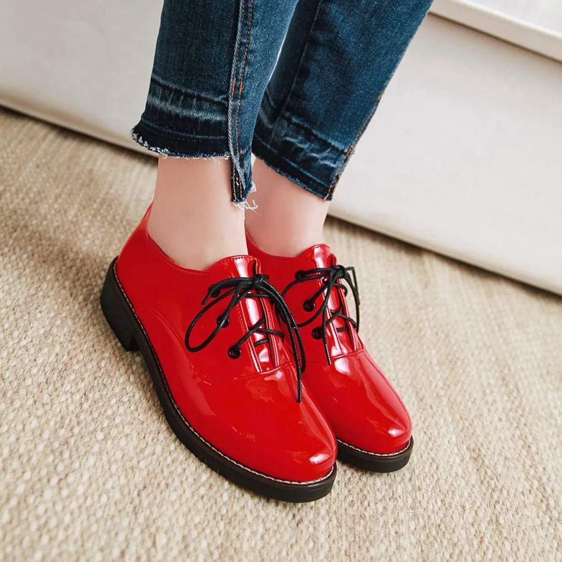 VOKLIN Women's Classic Flat Oxfords Shoes Round Toe Lace Up Comfort Low Heels Western School Penny Loafers