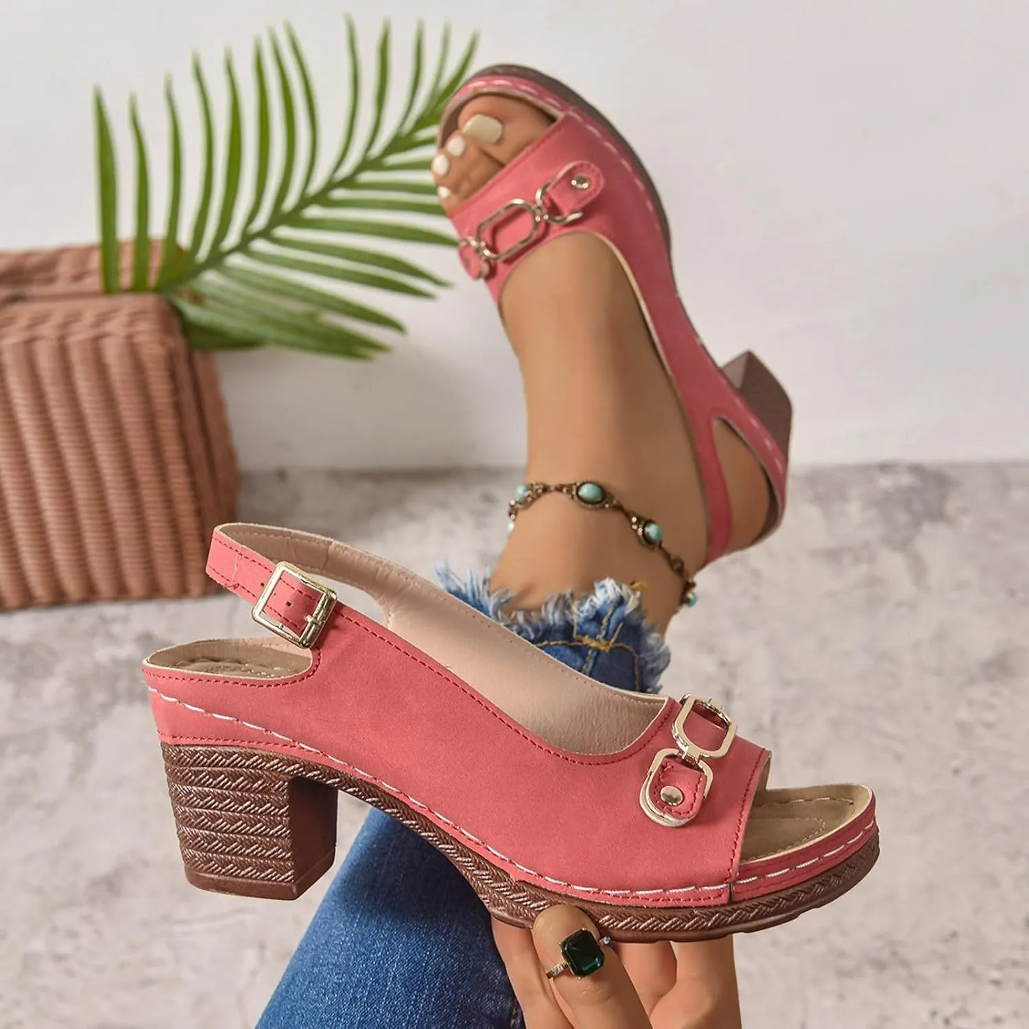 Wedge Sandals for Women 2025 Summer Casual Sandal Summer Open Toe Low Heel Shoes Orthopedic Sandals for Women Adjustable Strappy Beach Walking Shoes Chunky Heeled Sandal 2025