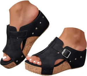 Wedges & Platform Slides,Womens Comfy Wedge Orthopedic Sandals Summer Cork Women's Ladies Comfortable Strappy Casual Shoes Non Slip-on Open Toe Thick Sole Leather Sandal for Daily Wear