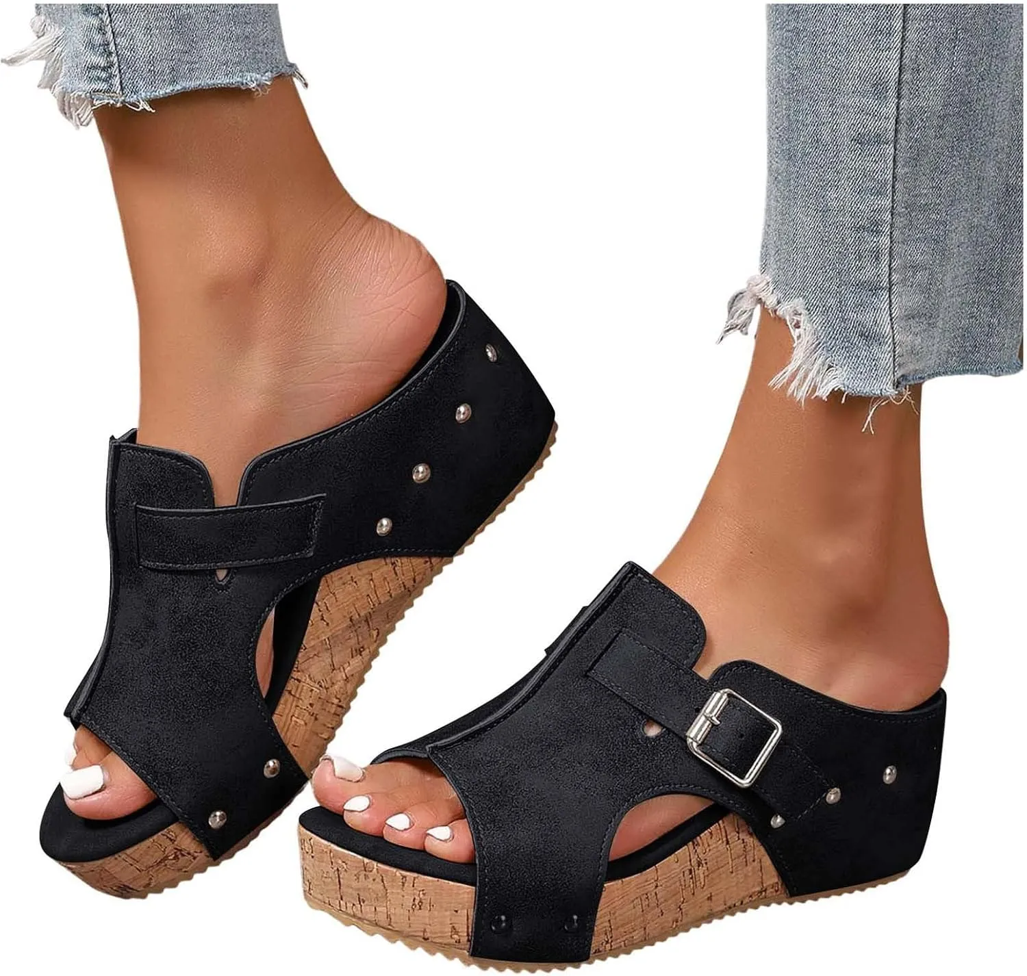 Wedges & Platform Slides,Womens Comfy Wedge Orthopedic Sandals Summer Cork Women's Ladies Comfortable Strappy Casual Shoes Non Slip-on Open Toe Thick Sole Leather Sandal for Daily Wear
