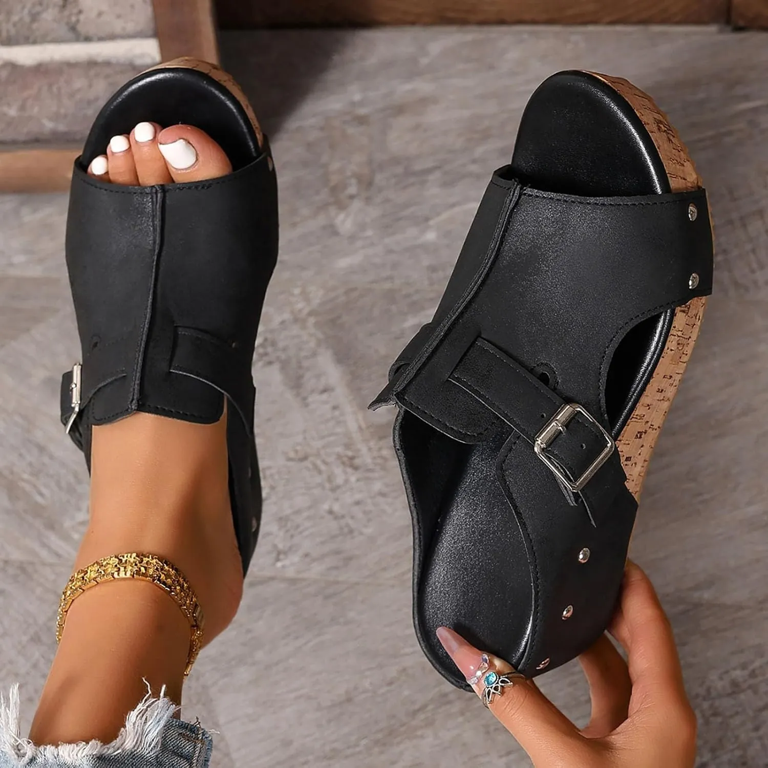 Wedges & Platform Slides,Womens Comfy Wedge Orthopedic Sandals Summer Cork Women's Ladies Comfortable Strappy Casual Shoes Non Slip-on Open Toe Thick Sole Leather Sandal for Daily Wear