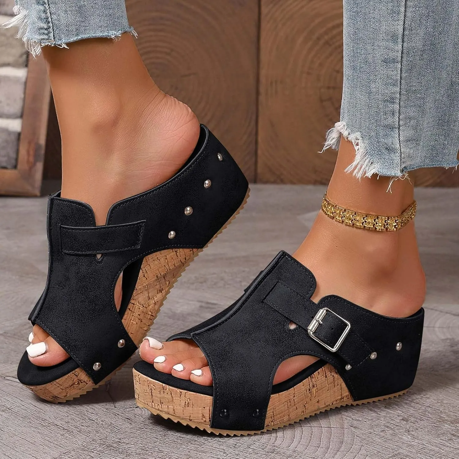 Wedges & Platform Slides,Womens Comfy Wedge Orthopedic Sandals Summer Cork Women's Ladies Comfortable Strappy Casual Shoes Non Slip-on Open Toe Thick Sole Leather Sandal for Daily Wear
