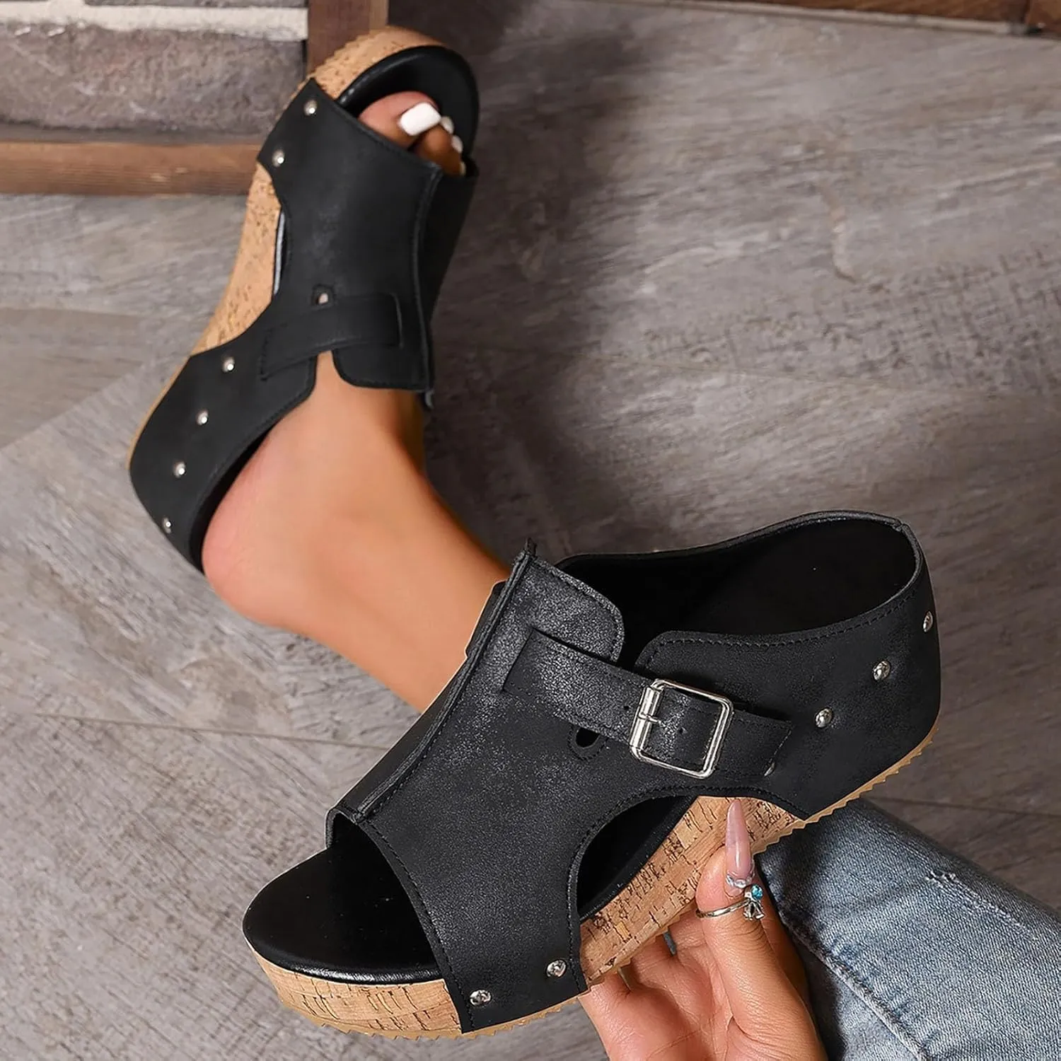 Wedges & Platform Slides,Womens Comfy Wedge Orthopedic Sandals Summer Cork Women's Ladies Comfortable Strappy Casual Shoes Non Slip-on Open Toe Thick Sole Leather Sandal for Daily Wear