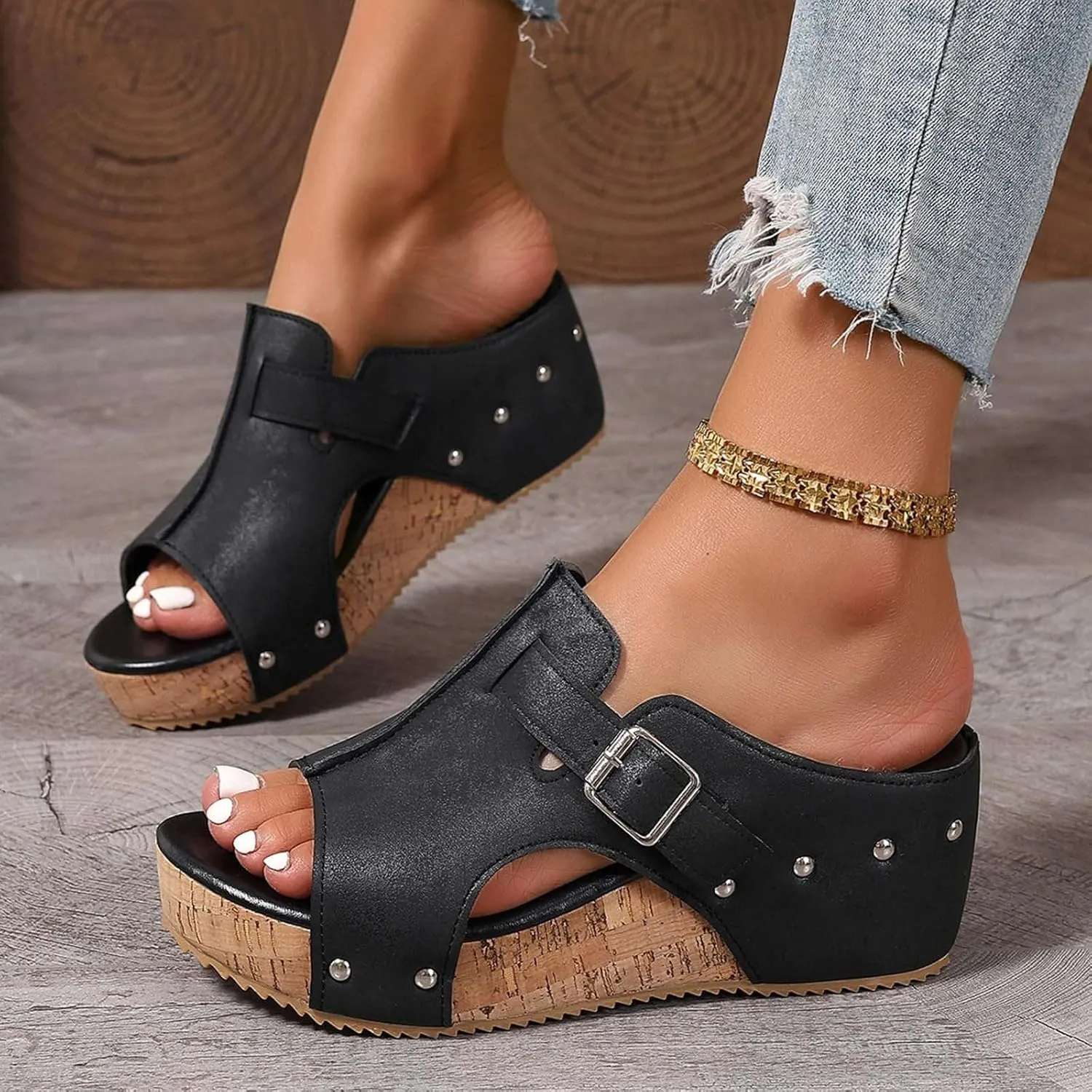 Wedges & Platform Slides,Womens Comfy Wedge Orthopedic Sandals Summer Cork Women's Ladies Comfortable Strappy Casual Shoes Non Slip-on Open Toe Thick Sole Leather Sandal for Daily Wear