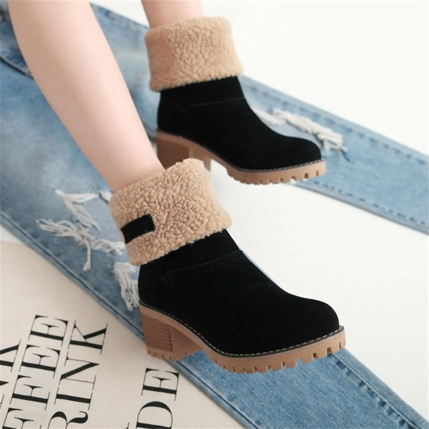 Winter Boots For Women 2024 Warm Faux Fur Lined Mid Calf Snow Boots Comfortable Walking Slip On Short Ankle Booties