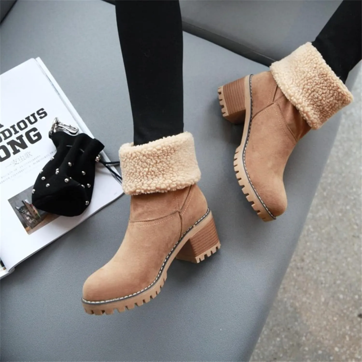 Winter Boots For Women Fashion Snow Boots Fur Lined Warm Mid Calf Boots Outdoor Anti-Slip Warm Shoes Ankle Booties