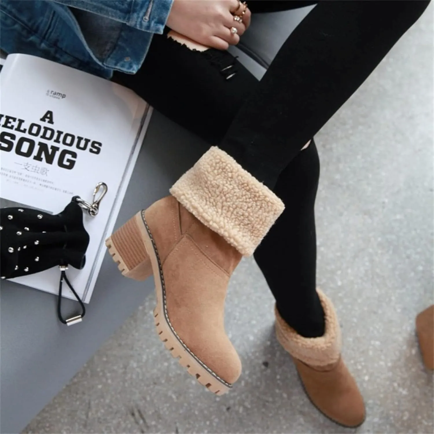Winter Boots For Women Fashion Snow Boots Fur Lined Warm Mid Calf Boots Outdoor Anti-Slip Warm Shoes Ankle Booties