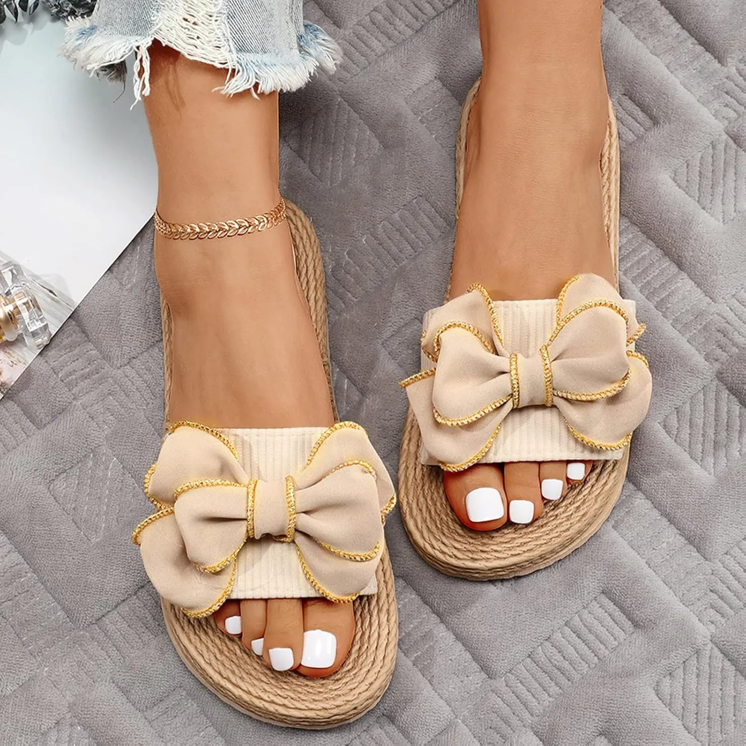 Women Bow Flip Flops Basic Plain Slip On Sandals Versatile soft sole Slides Casual open Toe Beach Casual Slippers