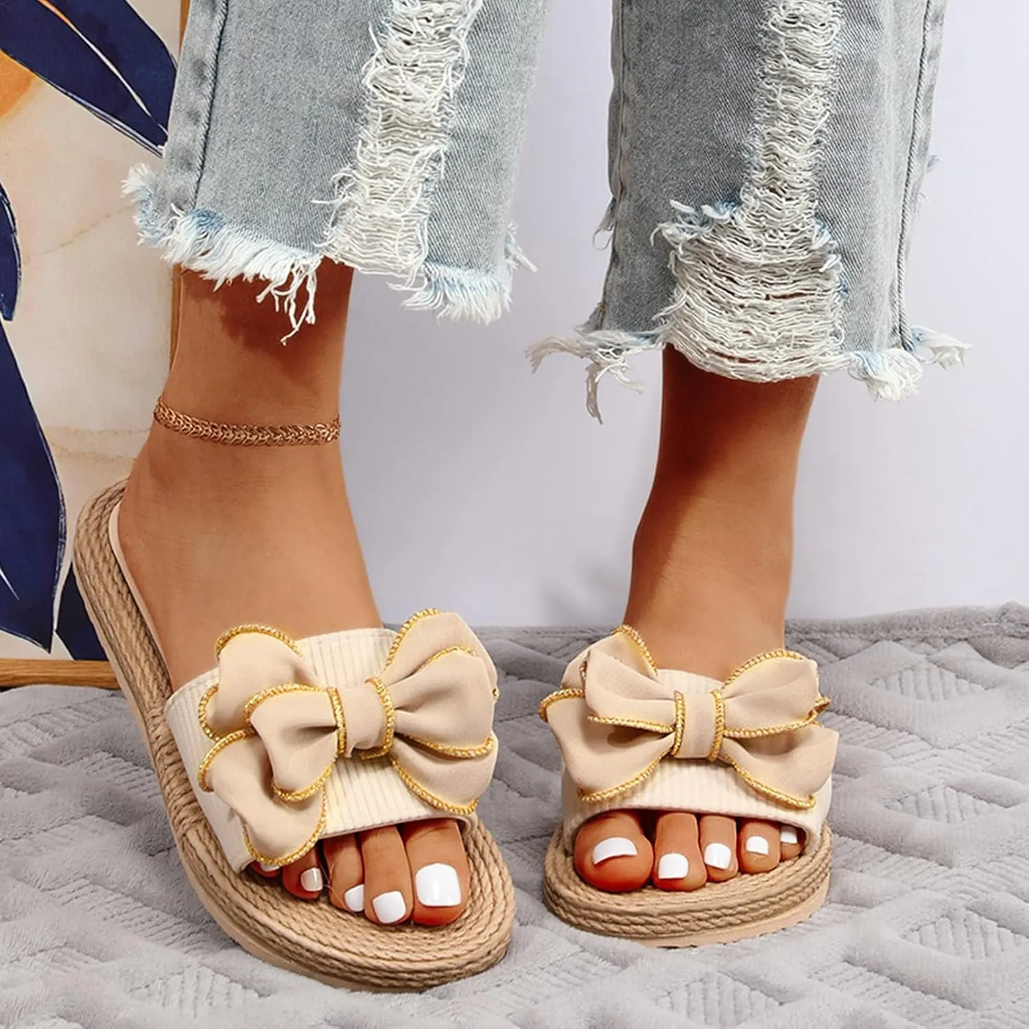 Women Bow Flip Flops Basic Plain Slip On Sandals Versatile soft sole Slides Casual open Toe Beach Casual Slippers