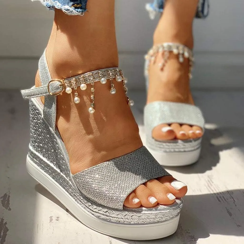 Women Elegant High Platforms Sandals Sparkly Open Toe Espadrilles Buckle Ankle Strap Leather Casual Slip on Wedge