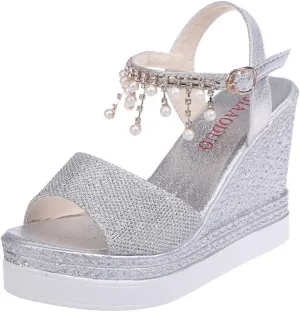 Women Elegant High Platforms Sandals Sparkly Open Toe Espadrilles Buckle Ankle Strap Leather Casual Slip on Wedge
