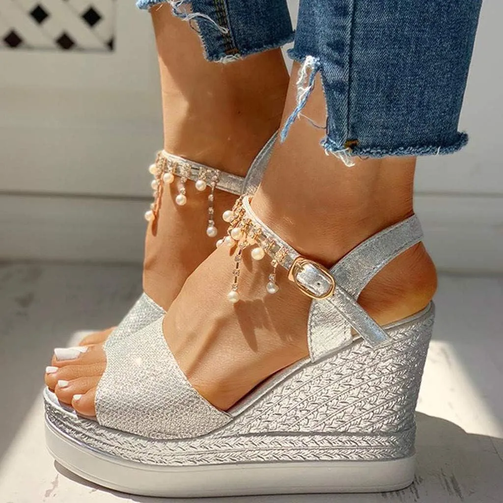 Women Elegant High Platforms Sandals Sparkly Open Toe Espadrilles Buckle Ankle Strap Leather Casual Slip on Wedge