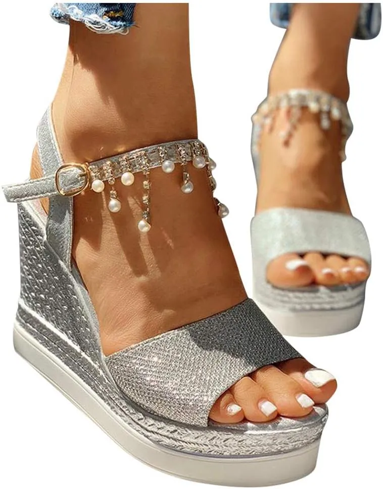 Women Elegant High Platforms Sandals Sparkly Open Toe Espadrilles Buckle Ankle Strap Leather Casual Slip on Wedge