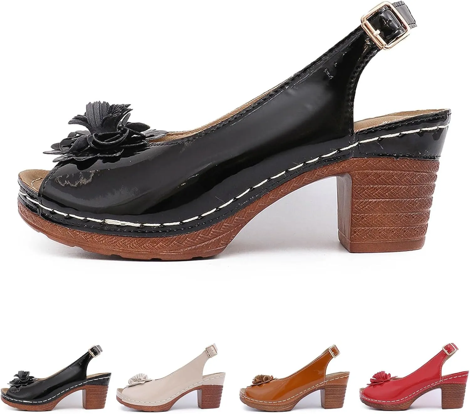 Women Open Toe Low Chunky Short Heels Ankle Strap Block Heel Sandals Hollow Out Non Slip Sandals with Floral Decor Dressy Summer Wedding Sandal with Adjustable Buckle Strap