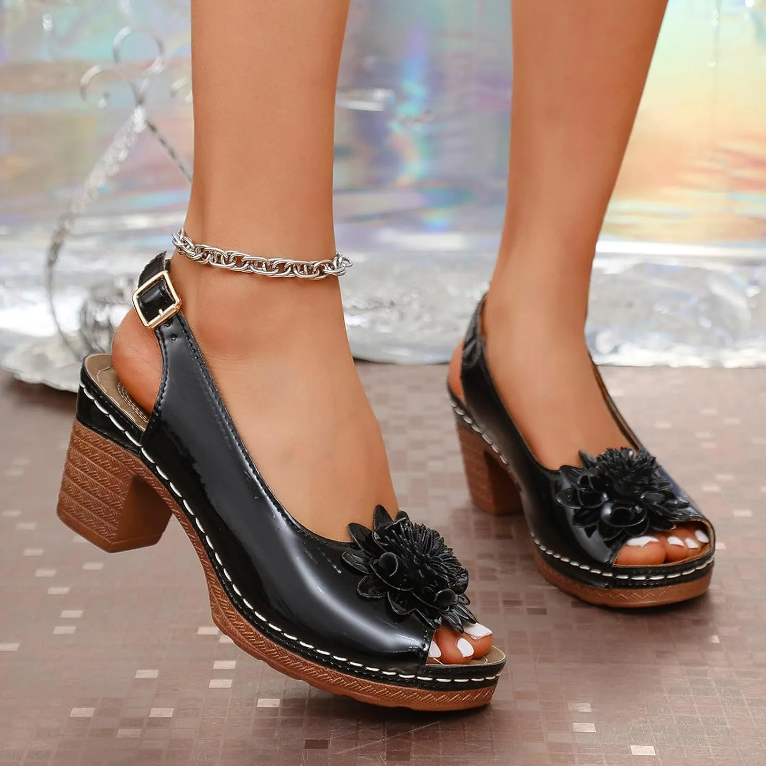 Women Open Toe Low Chunky Short Heels Ankle Strap Block Heel Sandals Hollow Out Non Slip Sandals with Floral Decor Dressy Summer Wedding Sandal with Adjustable Buckle Strap