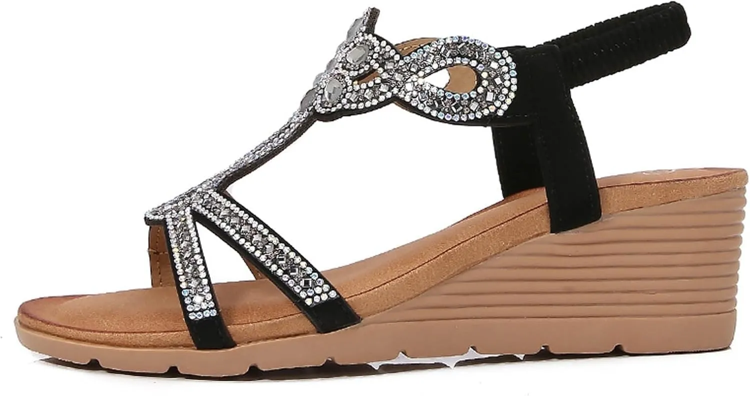 Women Orthopedic Wedge Sandals Summer Jeweled Bling Strappy Elastic Ankle Strap Slip On Sandals Comfort Open Toe Soft Cushion Sandal for Summer Beach Oceanside Holiday Outdoor