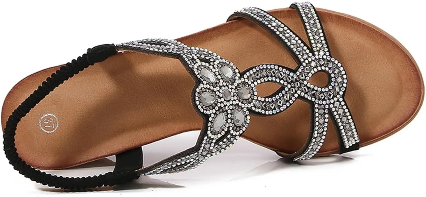 Women Orthopedic Wedge Sandals Summer Jeweled Bling Strappy Elastic Ankle Strap Slip On Sandals Comfort Open Toe Soft Cushion Sandal for Summer Beach Oceanside Holiday Outdoor
