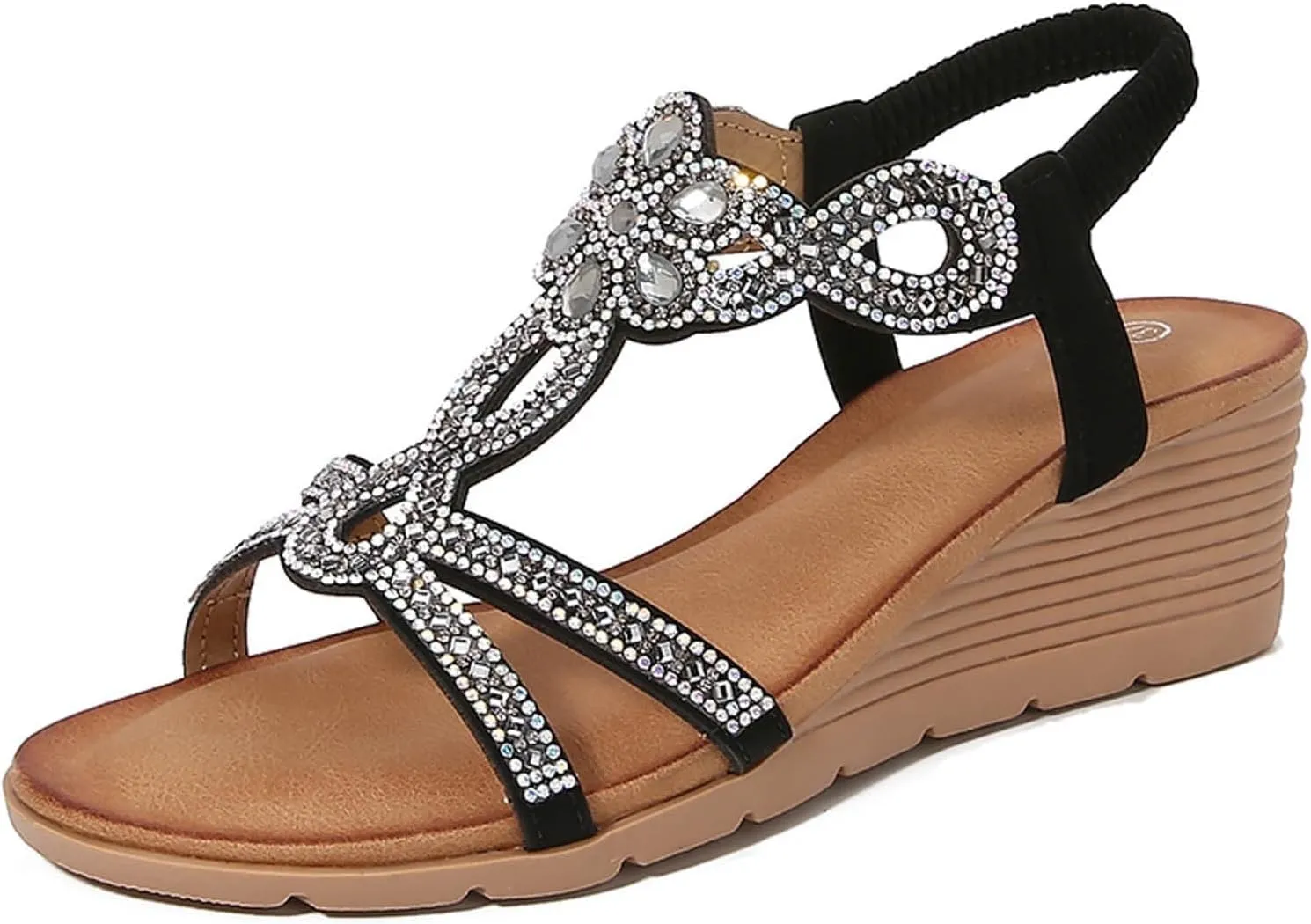 Women Orthopedic Wedge Sandals Summer Jeweled Bling Strappy Elastic Ankle Strap Slip On Sandals Comfort Open Toe Soft Cushion Sandal for Summer Beach Oceanside Holiday Outdoor