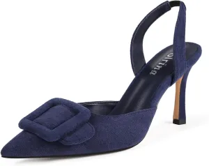 Women Slingback Heels Closed Pointed Toe Kitten Heels Buckle Suede Pumps Comfortable Dress Shoes